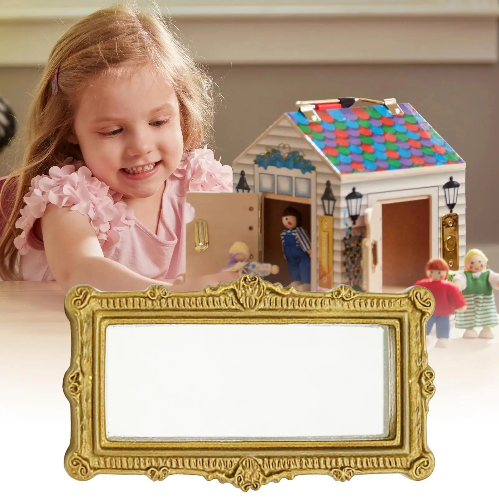 1:12 Puppenhaus Miniatur-Spiegel Vintage Quadratischer Geschnitzter Spiegel Mini Wohnzimmer Badezimmer Möbelmodell Puppenhaus Deko Spielzeug