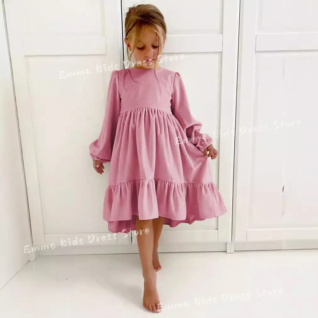 Drois Customized Flower Girl Dresses Green Velour Modest Modest O-neck Full Sleeves A-line Tea-length Zipper Back Kids Gown