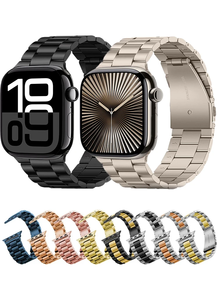 Pulseira de aço inoxidável para Apple Watch, pulseira de metal para iWatch 10, 9, 8, 5, 4, SE,