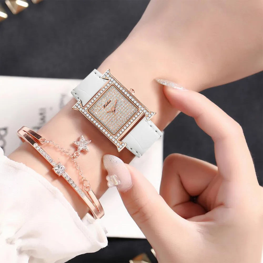 Luxury Ladies Brand Watches Fashion Square Diamond Full of Stars Lady Quartz Watch Casual Leather Women Dress Clocks Wristwatche