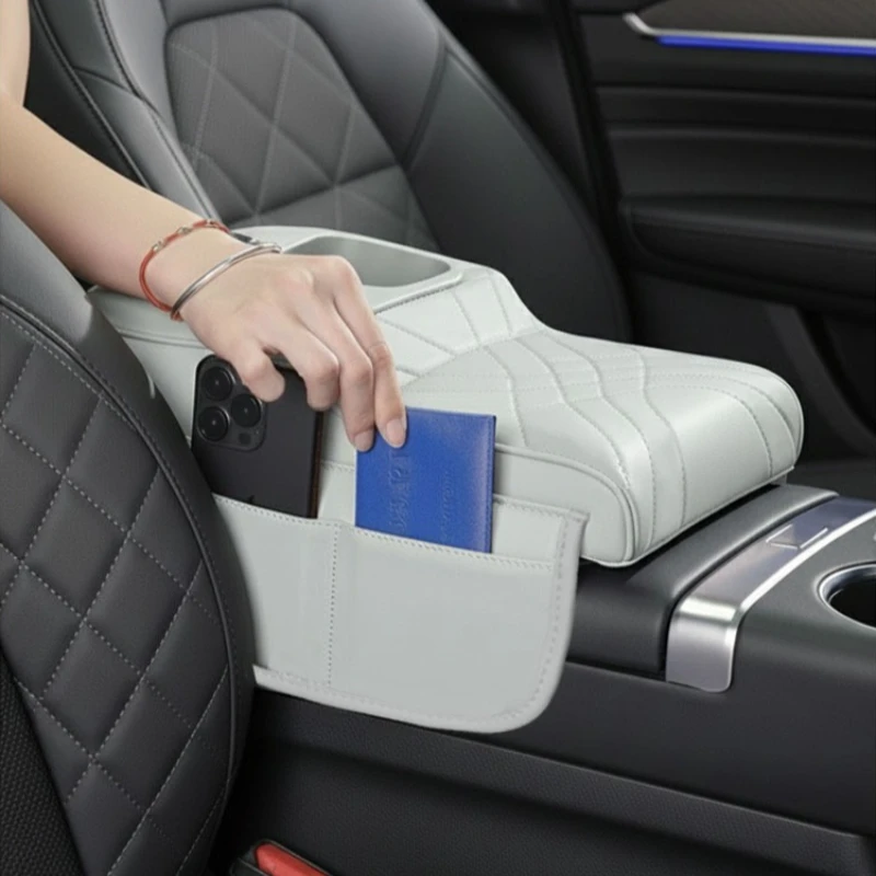 Hochwertige Auto-Armlehnenbox-Auflage – Armlehnenabdeckung mit 2 Seitentaschen, 2 Getränkehaltern und 1 Taschentuchbox. Passend für die meisten Autos. – Detail 10