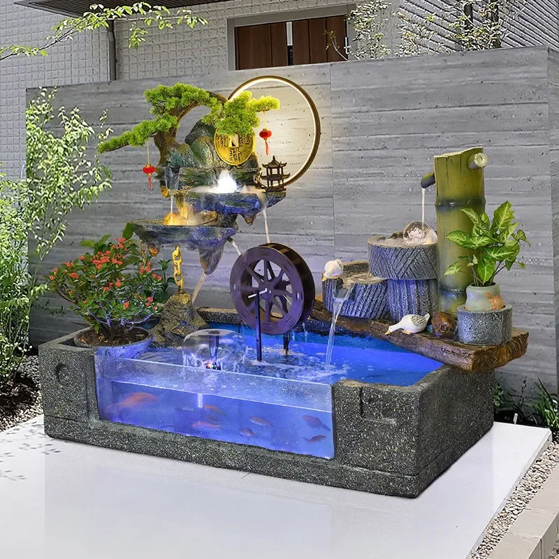 

Garden, fish pond, rockery landscaping, indoor entrance, balcony, flowing water landscape ornament, outdoor garden arrangement