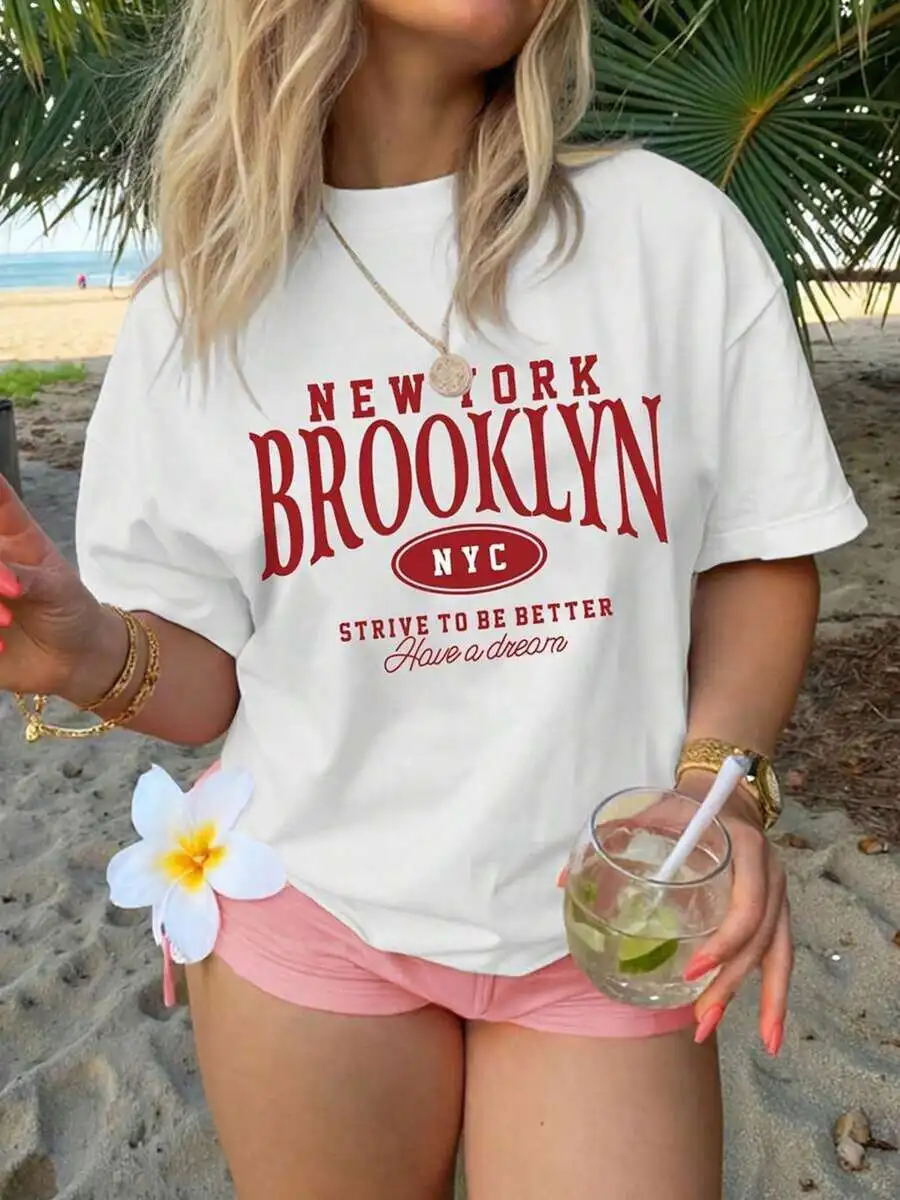 

Womens Retro Brooklyn NYC Print Cotton T-Shirt Loose Fit Summer Casual Top