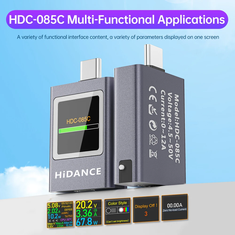 AT085C DC 4.5-50V 0-12A PD3.1 Multi-function Digital Display DC Voltage Ammeter Power Meter Type-c Cell Phone Charging Tester