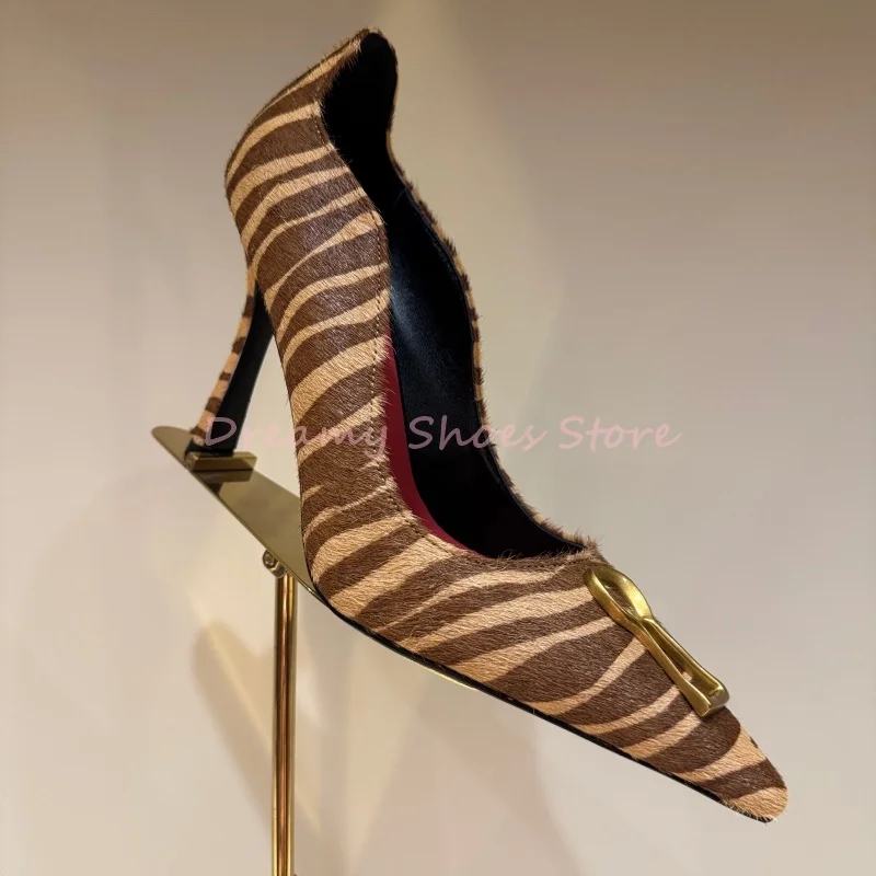 

Metal Buckle Striped Pointed Stiletto Pumps Women Patchwork Patent Leather High Heels Luxury Fashion Slip On Party Ladies Shoes