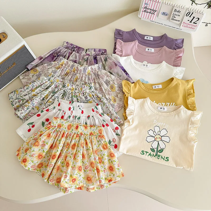 

Summer Baby and Girls Cotton Print Ruffled Sleeveless Shirt Top+Floral Loose Shorts School Kids 2PCS Set Children Outfit 1-10 Yr