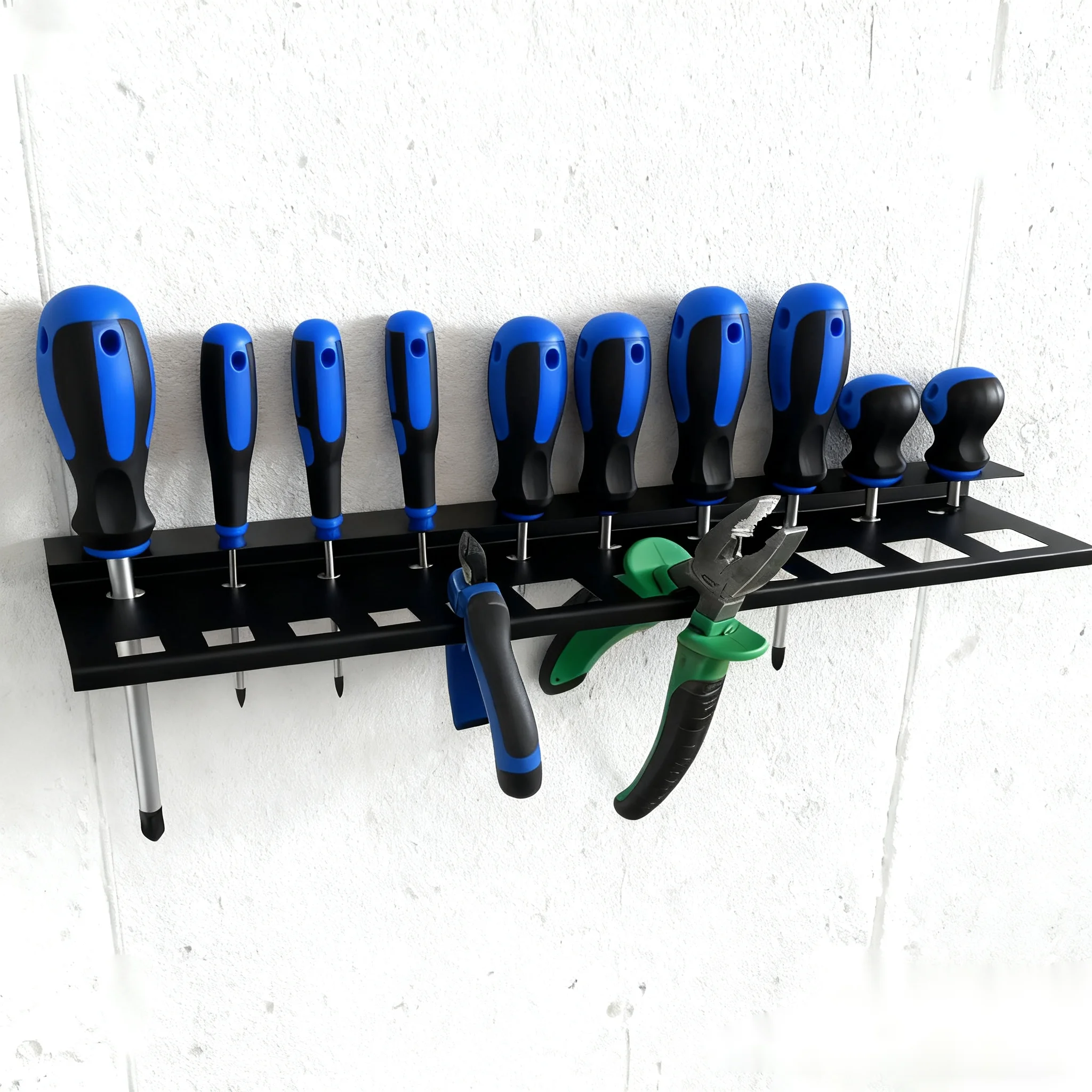 Black Metal Garage Tool Organizer Rack, Heavy-Duty Wall-Mounted Shelf with Dedicated Holder for Screwdrivers, Pliers, and More