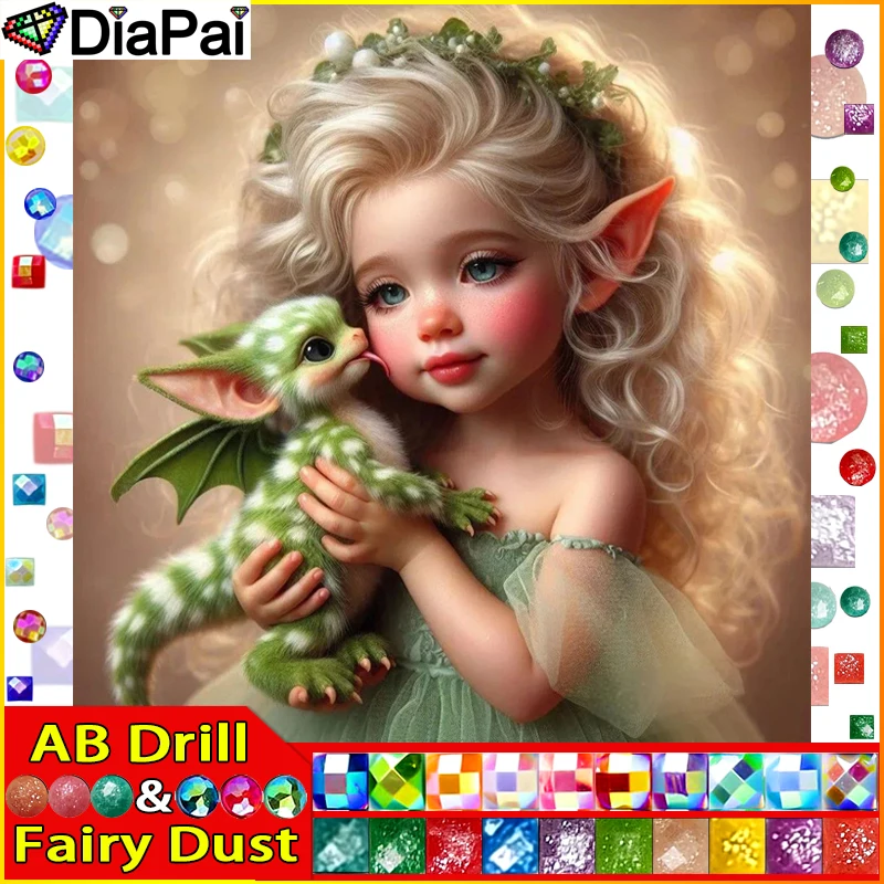 DIAPAI Fairy Dust AB Volldiamant-Stickerei „Portrait Girl Lizard“ Diamant-Gemälde, Muster, Strass, unvollendete Heimdekoration