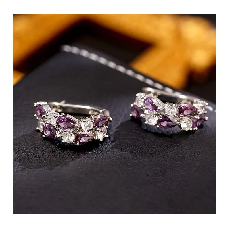 

Color Zircon Ear Buckle Handmade Copper Inlaid Earrings Women's Fashion High Sense Niche Ear Jewelry Oval