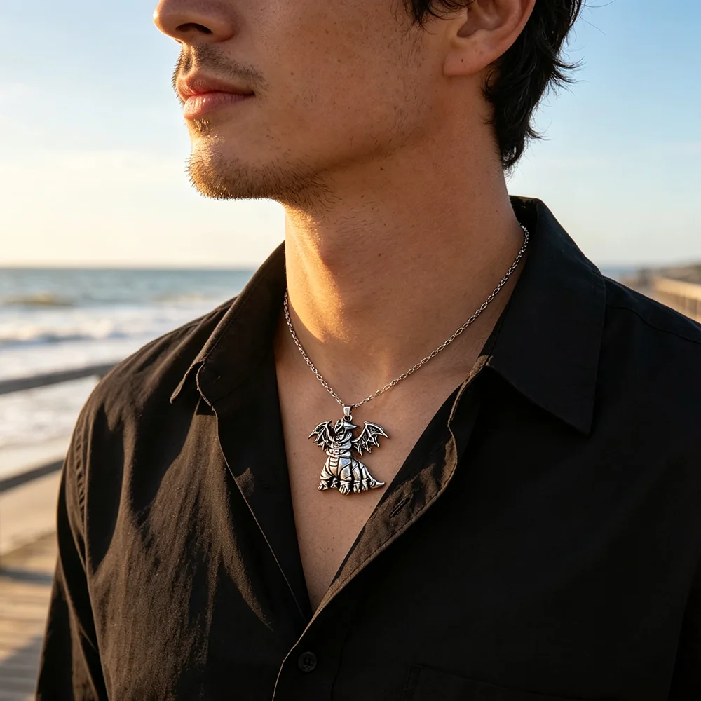 Anime Charizard Palkia Dragon Pendant Necklace Vintage Metal Necklaces, Unisex Punk Cosplay Jewelry Gift for Fans