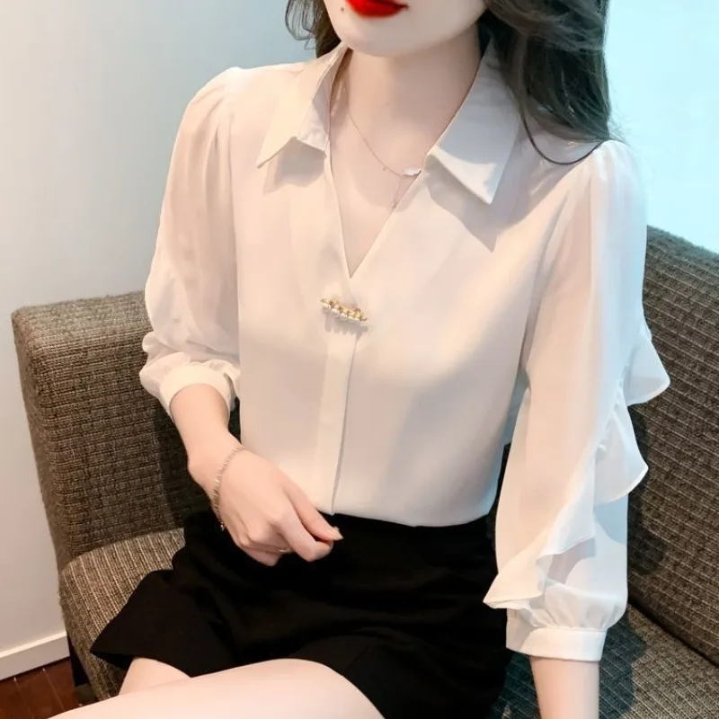 Women\'s Summer New Fashion Commute Solid Color Spliced Ruffles 3/4 Sleeve Chiffon Blouses Work Wear Half Open Collar Chic Shirts