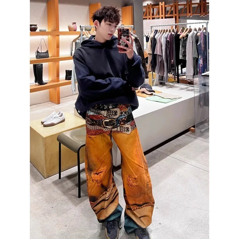 

AC Sle 25ss Curved Knife 3D Print Multi-Waist Hole Denim Pants Distorted Long Pants Low Waist Dstring Other Fabric Men's...