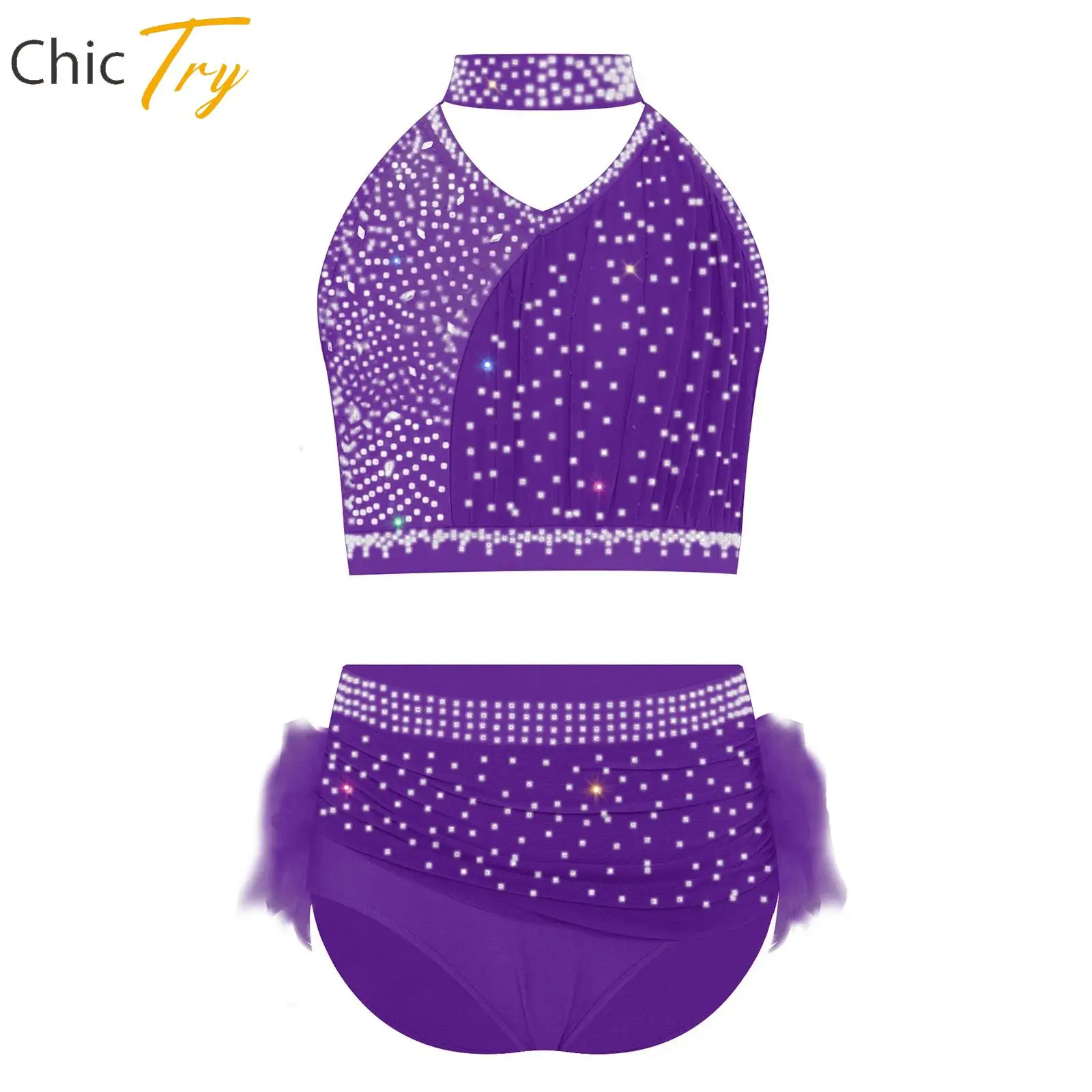 

Girls Shiny Rhinestones Figure Skating Lyrical Dance Outfit Ballet Salsa Latin Gymnastics Performance Dancewear Tops Skirts Set