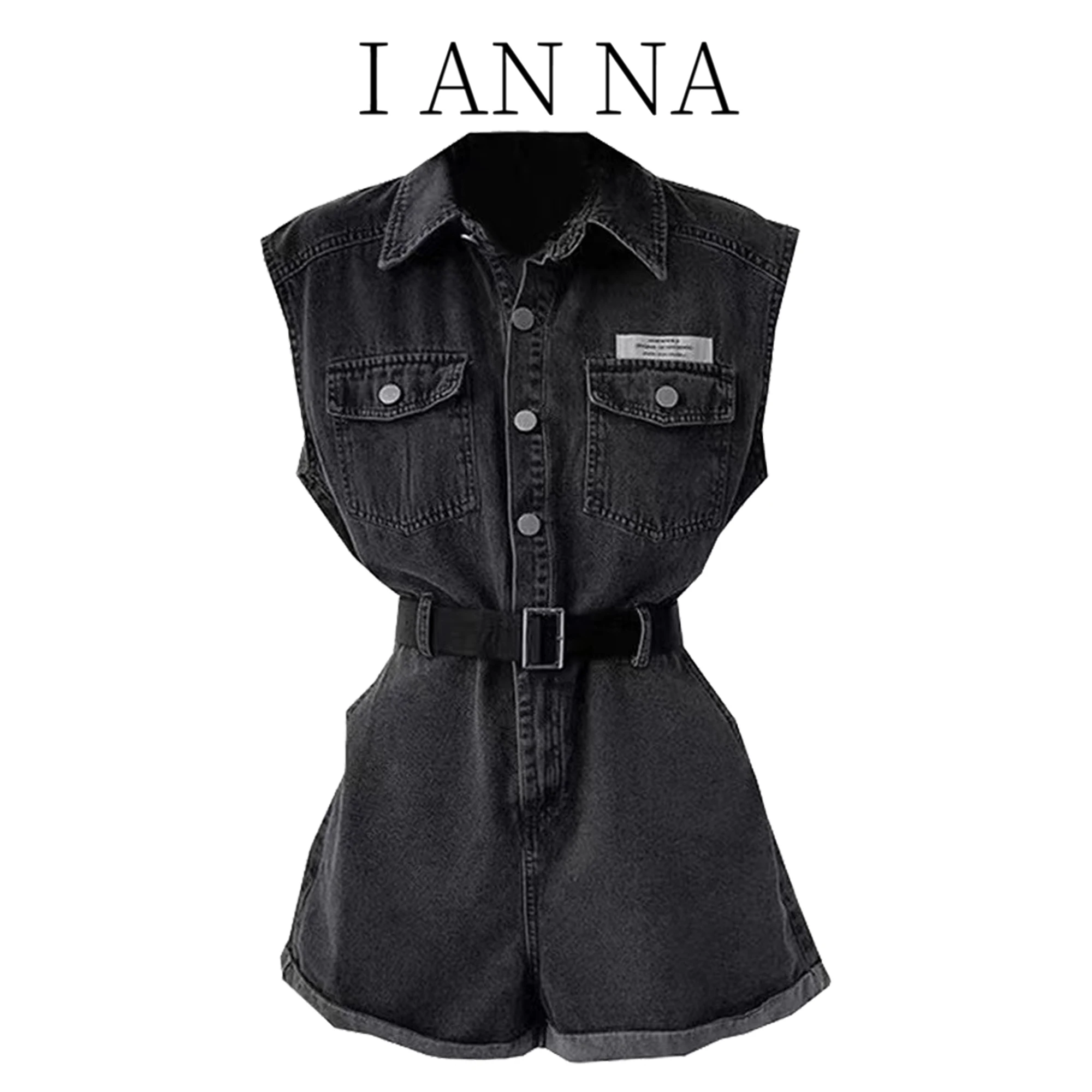 

High Waist American Retro Hot Girl Workwear Black Denim Overalls Shorts Women's Summer High Waist Small Size Vest Jeans Shorts