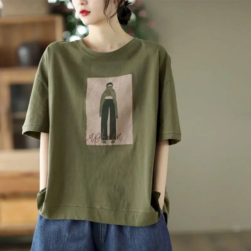 100% Cotton Loose T Shirt Women Fashion Retro Cartoon Print T-shirt Oversized Pullover Casual Short Sleeves TShirts Summer 2024