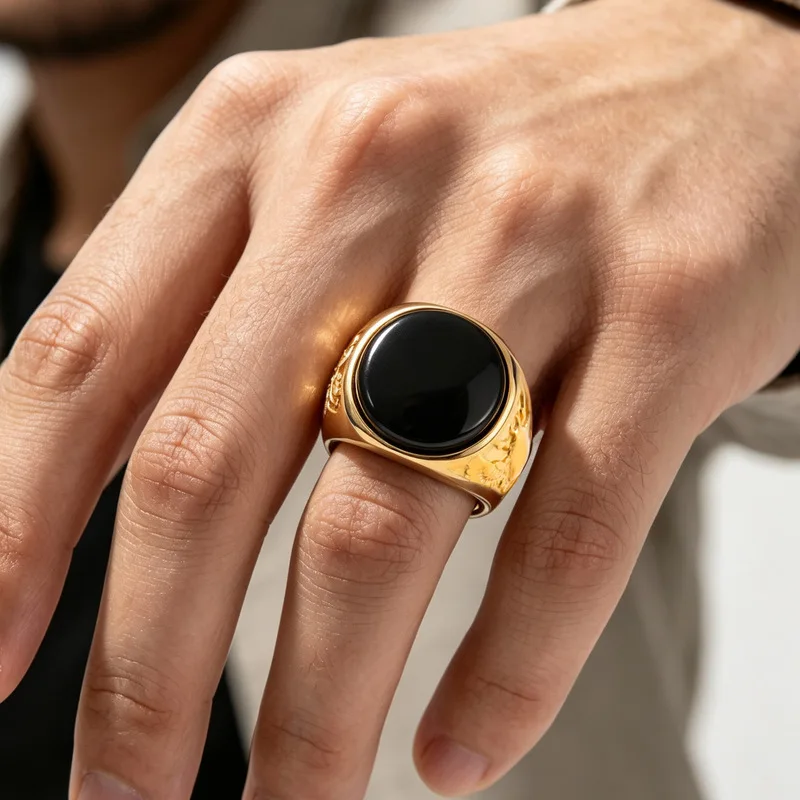 Gold‑plated Stainless Steel Signet Ring, Round Black Onyx Center Stone, Embossed Side Pattern, Bold Statement Finger Ornament