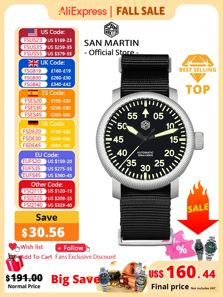 San Martin Neue 40mm Retro Pilot YN55 Automatische Mechanische Mode Einfachen Stil Männer Armbanduhr 100m Wasserdicht C3 Leucht SN0143