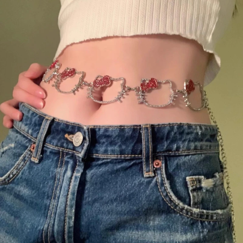 Y2K Cartoon Muster Hallo Kitty Metall Voller Diamanten Taille Kette Sexy Gürtel Pullover Kette Mädchen Kleidung Zubehör Besonderes Geschenk