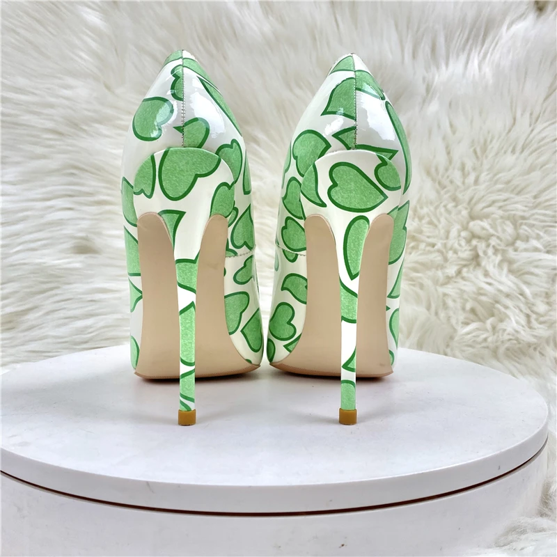 Tikicup Green Sweetheart Print Women White Patent Pointy Toe High Heel Shoes Fashion Designer Slip On Stiletto Pumps Plus Size