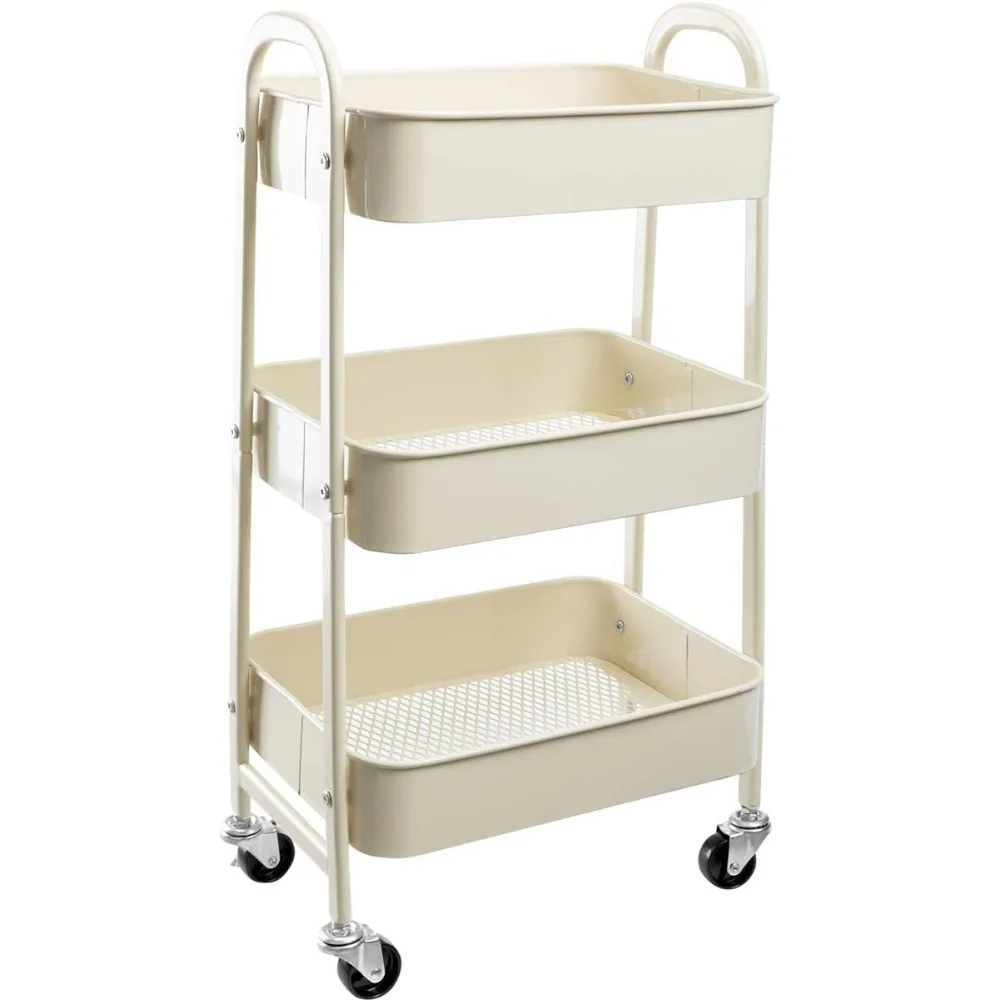 

Movable Rolling Organizer Cart, 3-Tier Metal Utility Cart in Beige for Makeup and Storage