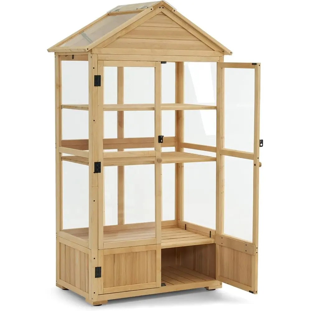 

3-Tier Solid Wood Cold-Resistant Greenhouse Cabinet with Adjustable Shelves for Indoor Balcony or Outdoor Garden Use