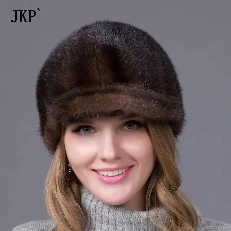 JKP 100% Natural Whole Fur Mink Fur Caps Visors Cute for Women Real Leather Winter Mink Fur Ear Protection Hat  Bomber Caps