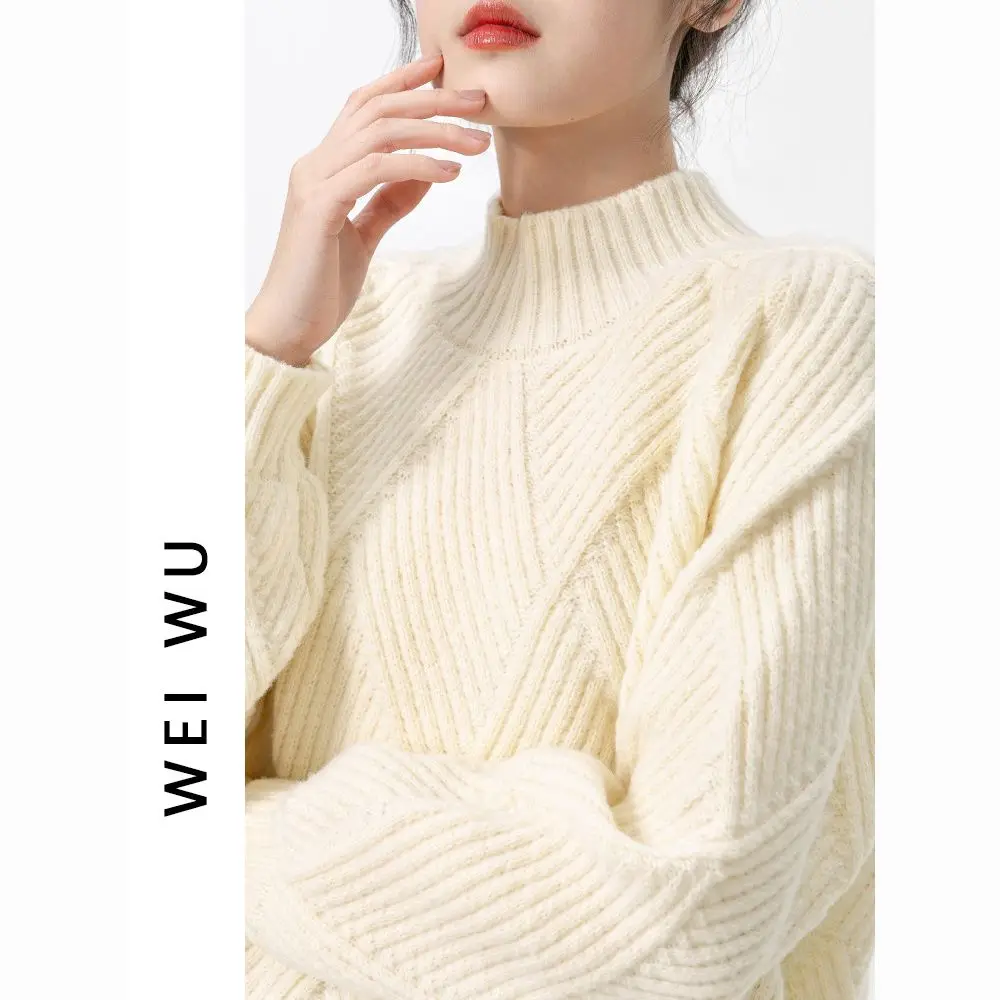 

MiiiiX Office Lady Retro Thickened Sweater Women's 2024 Autumn Mock Neck Design Loose Bottoming Pullovers Sweater Female Clothes