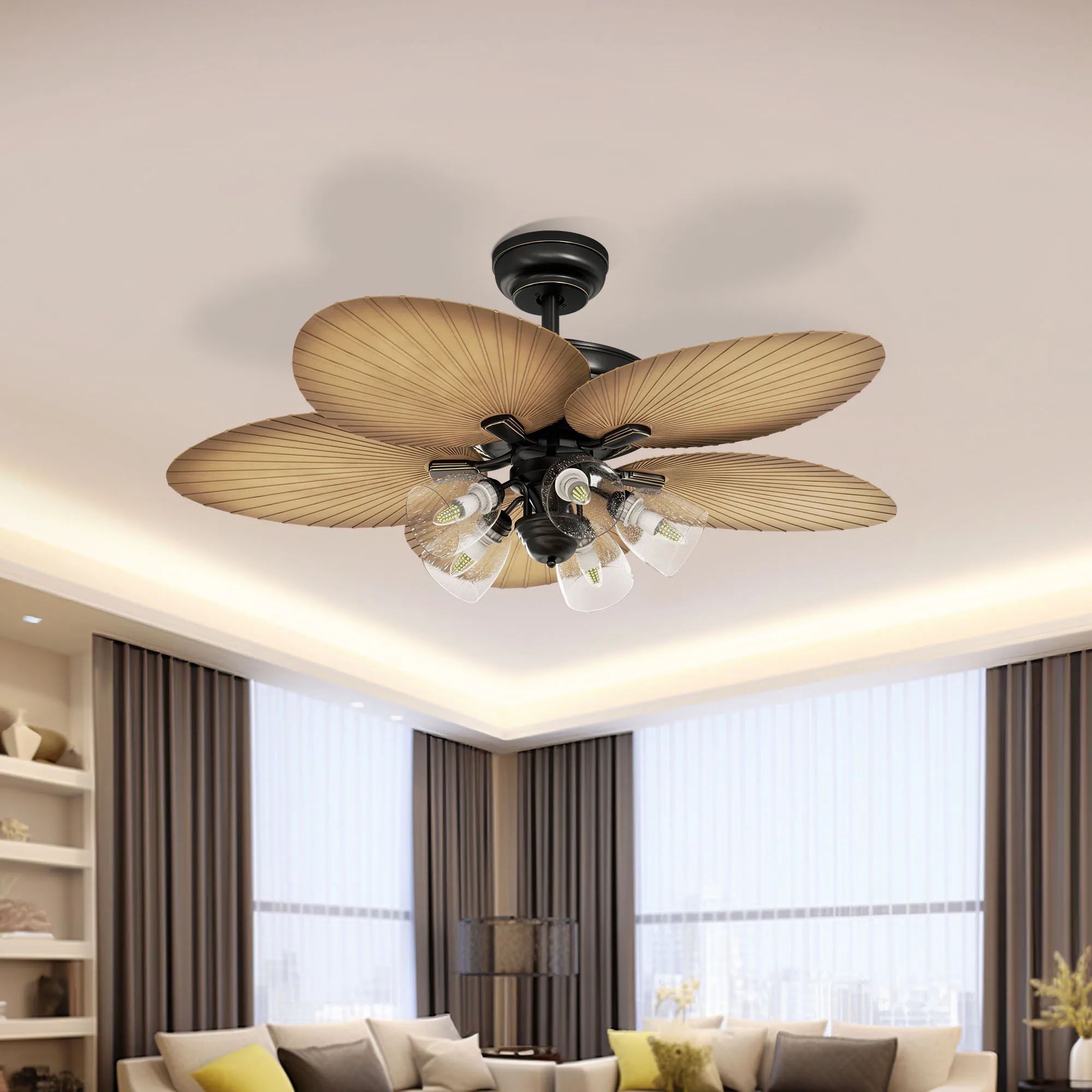 52 Inch Tropical Ceiling Fans with Lights Remote Control Palm Leaf Fanlight Lamp