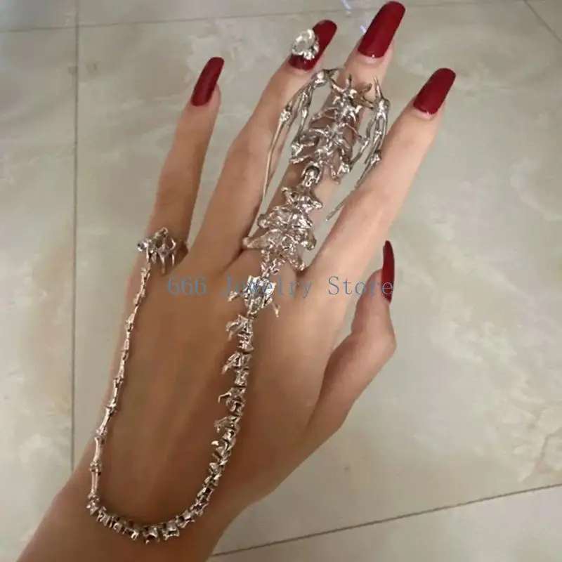 F2TD Alternative Style Silver Tone Skeleton Stacking Rings Gothic Punk Jewelry Fashionable Dark Themed Accessory For Teens