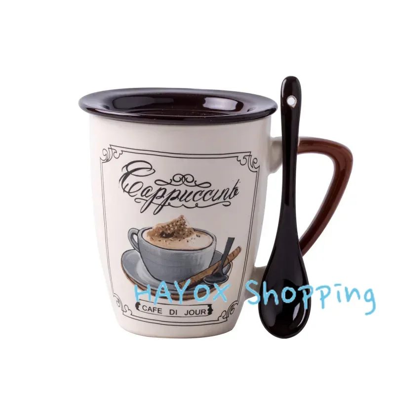 Tasse rétro en céramique avec cuillère, tasse isolée de grande capacité, tasse mignonne pour le petit-déjeuner, céréales, lait, démontrent d'avoine, 03 ménage