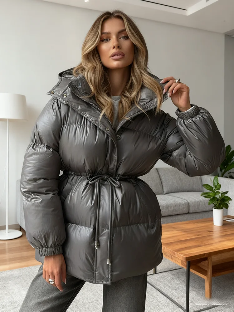 Women's 2025 Winter Dark Gray Shiny Cotton Coat Hooded Long Sleeve Drawst Waist Midi Jacket Elastic Cuffs Pockets Casual Coat