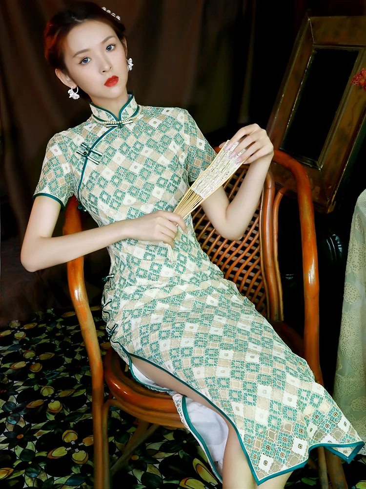 

Ретро-юбка А-силуэта с высоким разрезом в стиле республиканской Китайской Республики, улучшенная версия, для повседневной носки, для молодых девушек, с коротким рукавом