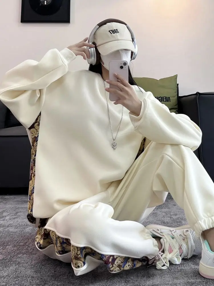 

Осенний свитшот с лоскутным узором в виде медведя, мужская спортивная одежда, повседневный американский стиль, полный комплект, верхняя одежда для пар, удобный свободный крой