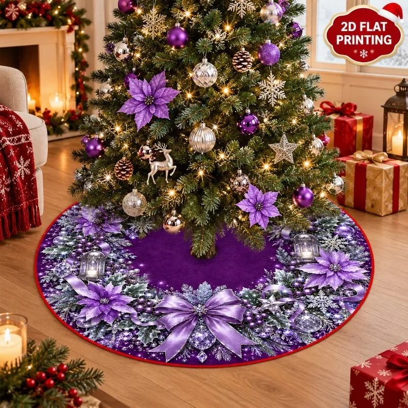 VIKAMA Christmas Tree Skirt Purple Poinsettia Bow Lantern Snowflake Holly Print Non‑Slip Washable Round Xmas Tree Base Decor Mat