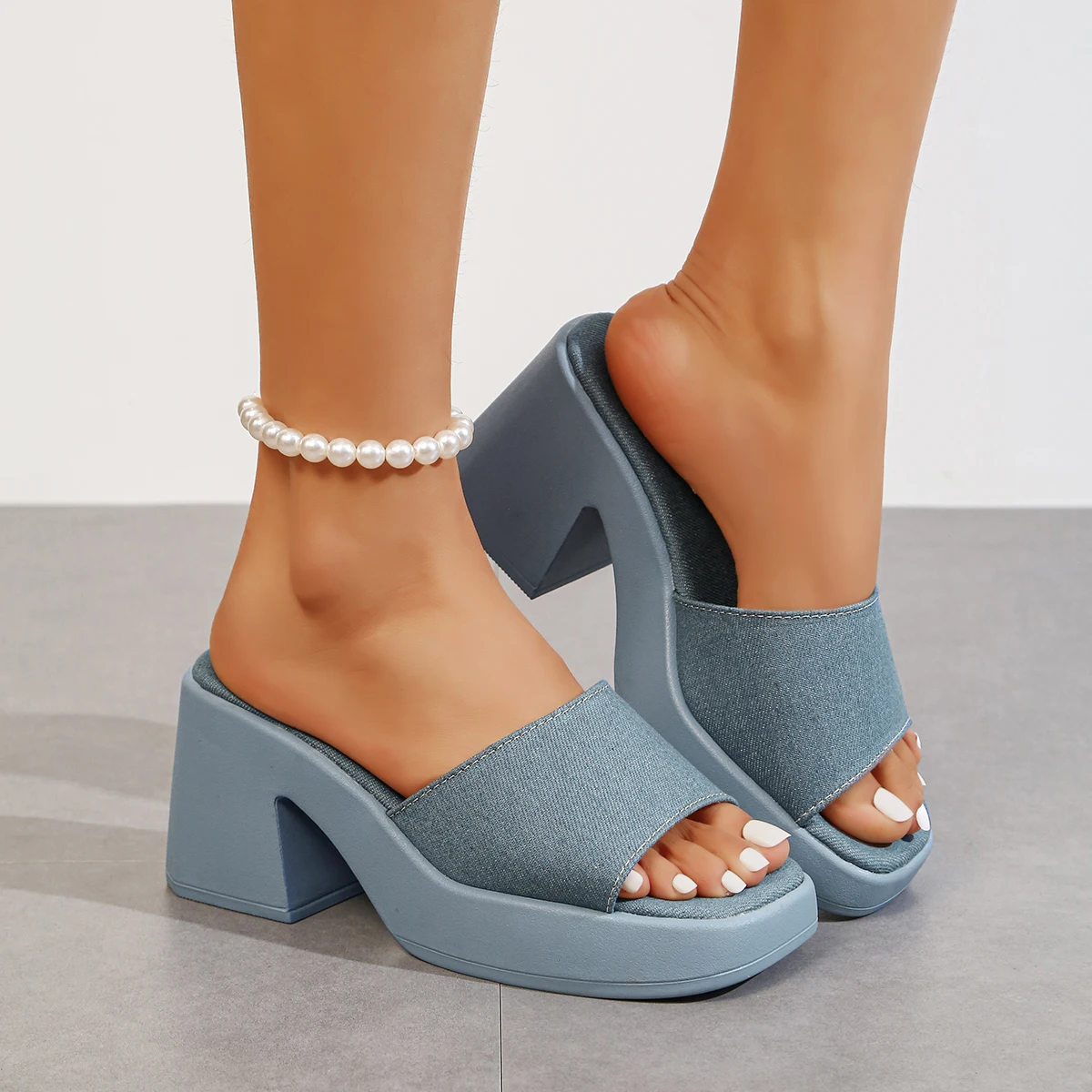 

Fashion Women Denim Platform Block High Heel Slides Square Toe Open Toe Sandals Casual Summer Holiday Beach Slippers Shoes Woman