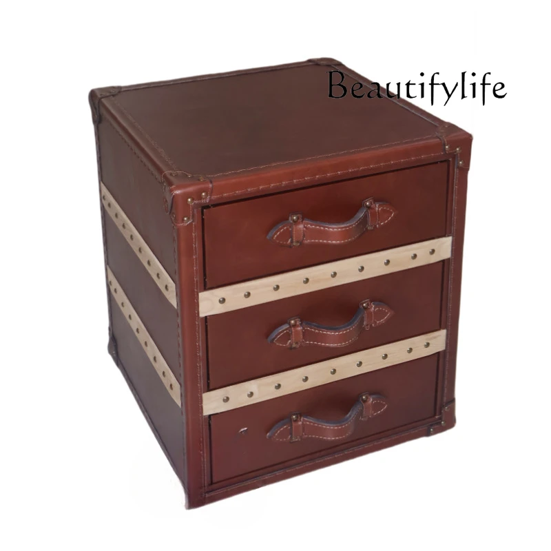 

Leather bedside table light luxury high sense three drawers retro first layer cowhide storage side cabinet living room bedroom