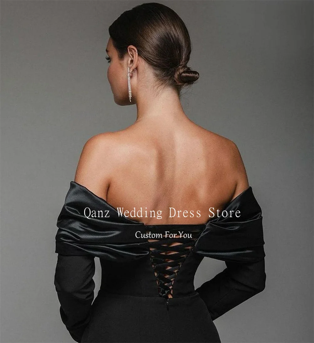 Qanz Black Evening Dresses Dubai Off The Shoulder Mermaid Prom Gown Satin Long Sleeves Formal Occasion Dresses 2024 Customized