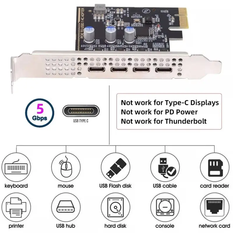 A53M-UPD720201 USB3.1 Type-C Four Port USB-C Female To PCI-E Express 1X Card Adapter With Low Profile Bracket 5Gbps