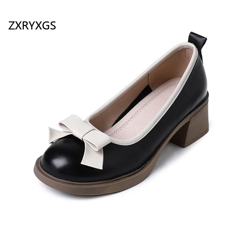ZXRYXGS Spell Color Premium Cowhide Classic Bow Women Fashionable Pumps 2025 Large Size Real Leather Shoes Ladies' Banquet Shoes