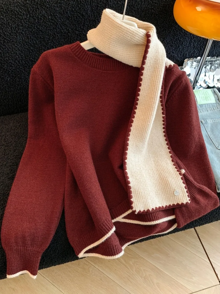 ชุดเสื้อถักไหมพรมทรงหลวมพร้อมผ้าพันคอสำหรับผู้หญิง สไตล์เกาหลี รุ่นใหม่ล่าสุดสำหรับฤดูหนาว แขนยาว