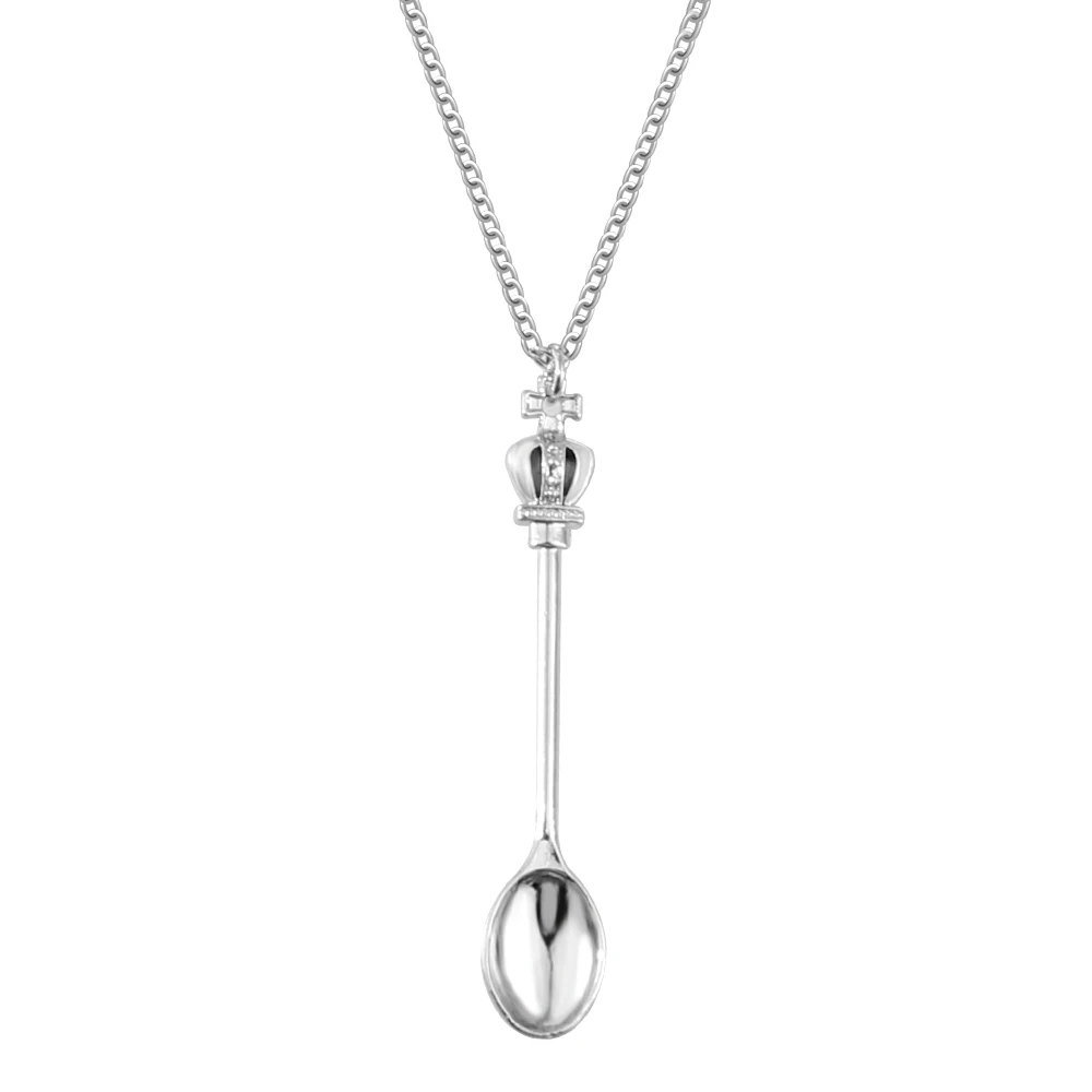 Crown Mini Tea Spoon Pendant Necklace Long Chain Charm Jewelry Necklaces For Women Sweater Jewelry Accessories