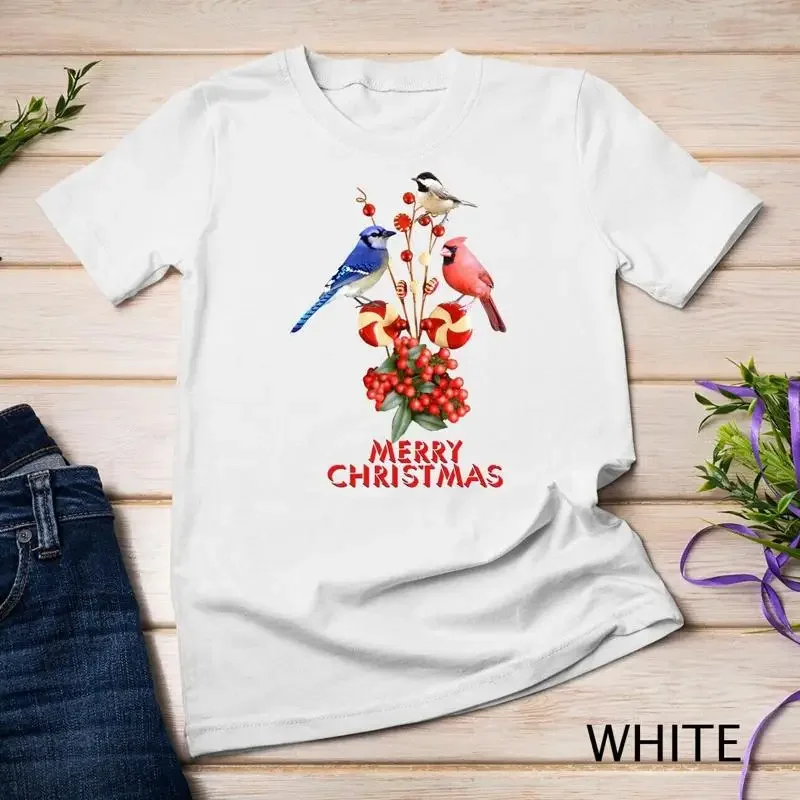 Merry Christmas Cardinal Blue Jay and Chickadee Unisex T shirt