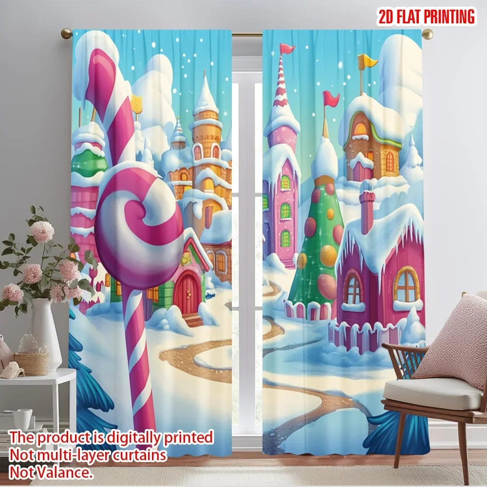 2pcs,2D plane printing Light Filtering Curtains Candy Christmas Village Scene (2) Durable 100% Polyester Fabric (without rod)