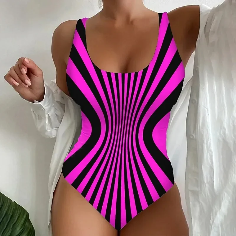 Bañador de una pieza con estampado a rayas para mujer, traje de baño acolchado con realce, Espalda descubierta, cuello en V, ropa de playa, XS-5XL