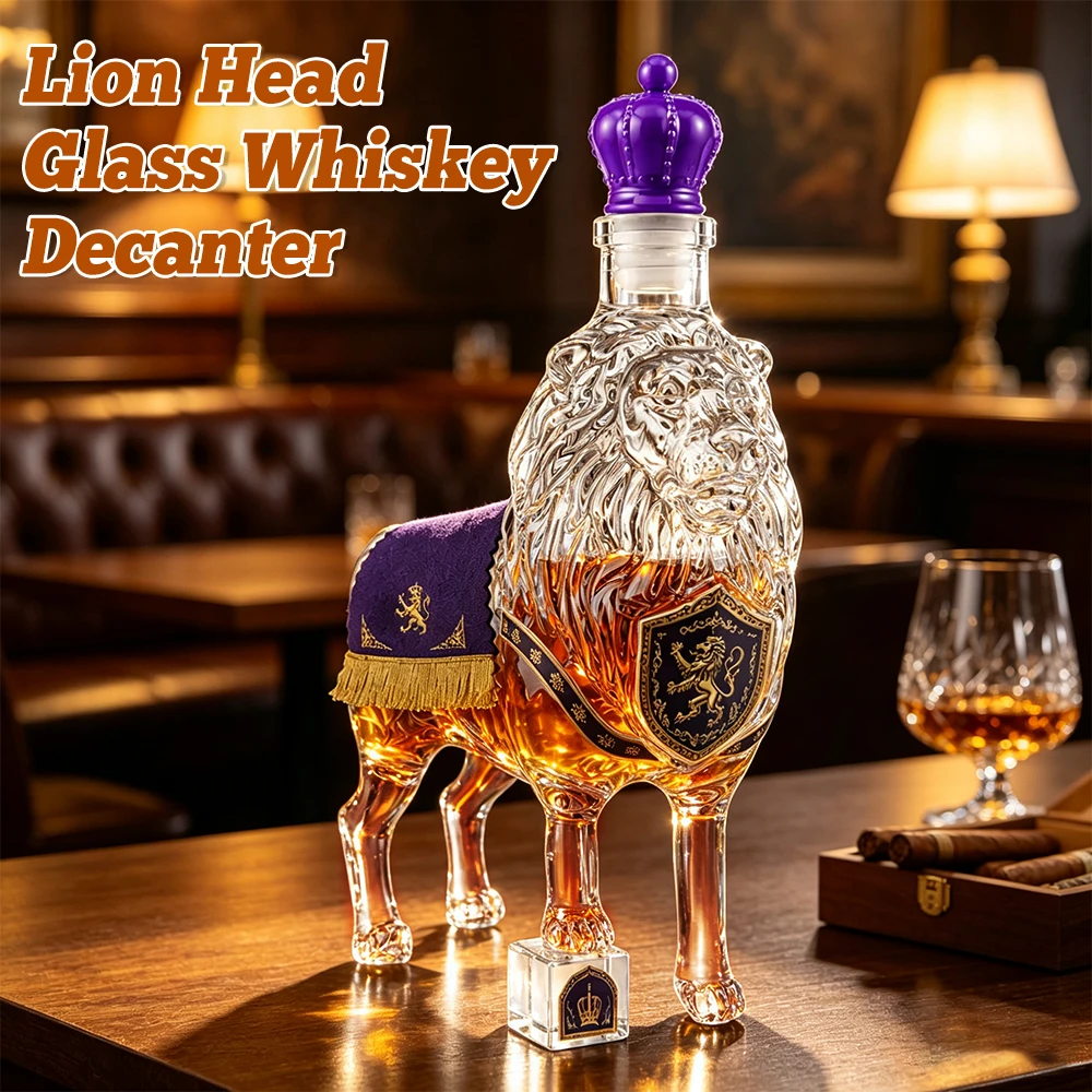Lion Shape Glass Decanter with Purple Crown Stopper Creative Whiskey Liquor Bottle Home Bar Display Ornament Gift