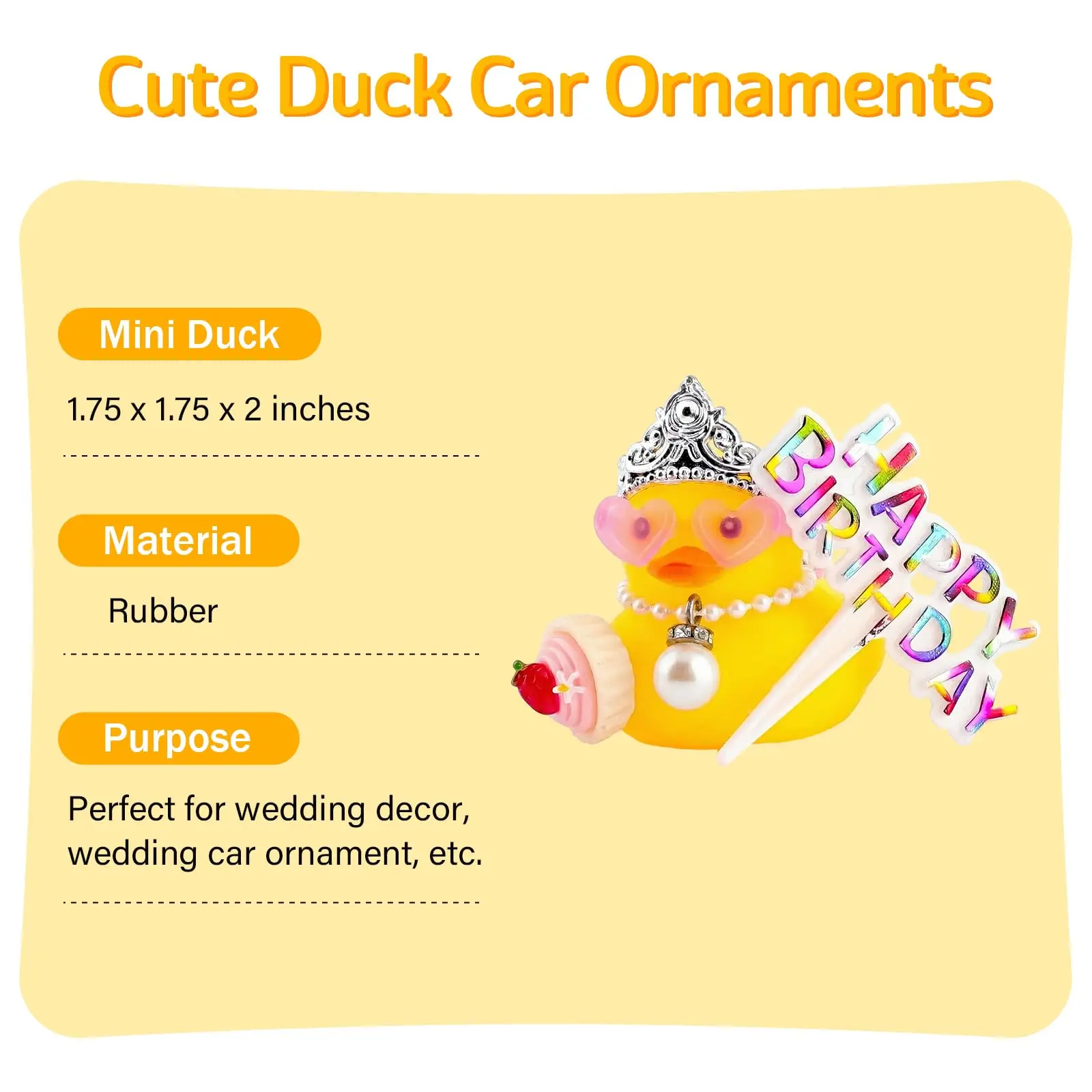 Birthday Rubber Ducks, Mini Yellow Duck Ornaments, Car Dashboard Decorations for Gifts with Crown, Heart-Shaped Glasses, Tiny Ca