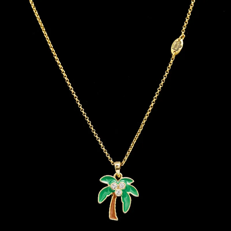 Enamel Green Coconut Tree Pendant Necklace Hawaiian Style All Match Rhinestone Inlaid Clavicle Chain Plated Jewelry Gift Women