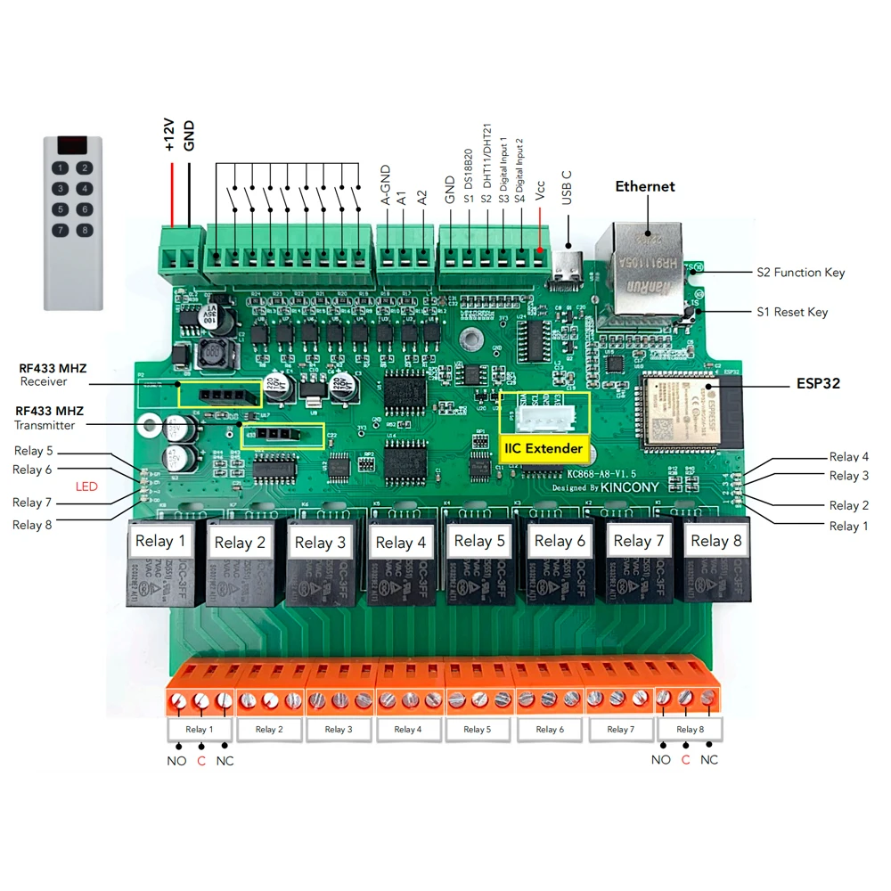 Kincony KC868-A8 ESP32 Wifi/Ethernet RS232 USB Relay Module ADC DAC RF 433M Temperature Arduino IDE For Home Assistant Server