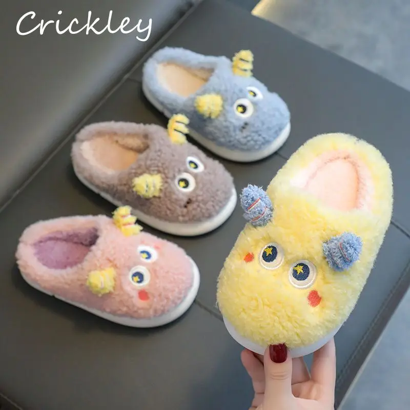 2024 Monster Kids Slippers Winter Cute Cartoon Fleece Boys Girls Slippers Plush Warm Soft Bottom Children House Shoes