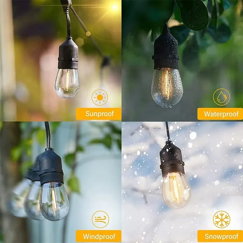 Lampu Tali Teras IP65 Tahan Air S14 Dapat Diredupkan Tahan Pecah Bohlam Dioda Pemancar Cahaya Pesta Halaman Belakang Kafe Bistro Lampu Luar Ruangan